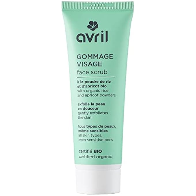 ORGANIC FACE SCRUB 50ML - GENTLE EXFOLIATING FOR SENSITIVE SKIN, RICE POWDER, APRICOT KERNEL, ALOE VERA, SHEA BUTTER, VEGAN, MADE IN FRANCE
